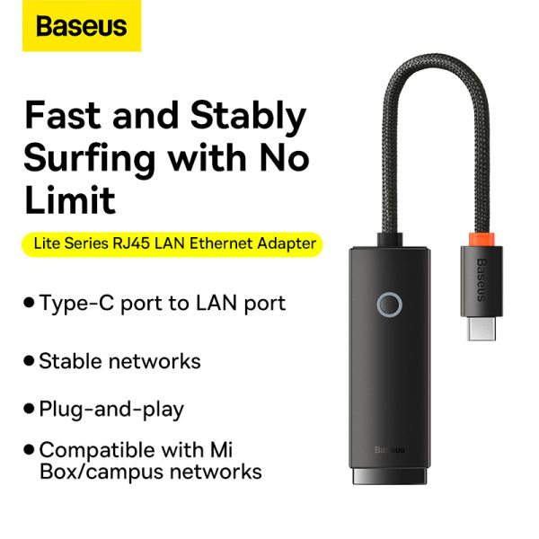 BASEUS ADAPTER LITE SERIES - TYP C TO RJ45 - 100 MBPS (WKQX000201) BLACK - Image 6