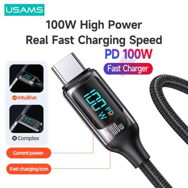 USAMS U78 100W LED Display Type C to Type C Cable PD Fast Charging Charger USB C - Image 4